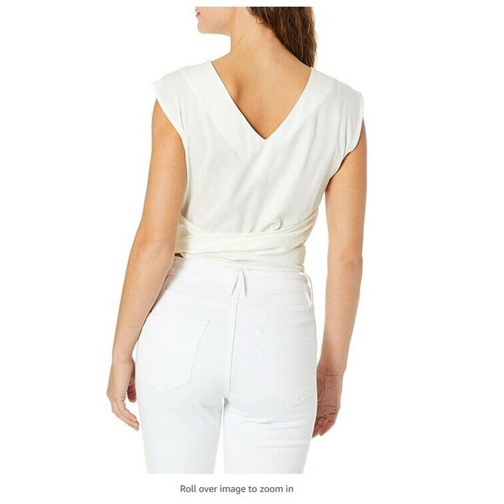 J.O.A. Pleated Shoulder Sleeveless Faux Wide Strap Wrap Top Cream Size M - Picture 4 of 4